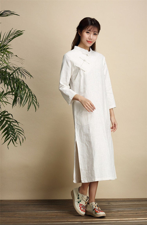 Qi Pao Linen Dress/ Simple Linen Dress/ Summer Linen Dress/ Tea Length Dress/ Casual dress/ Ethnic Hanfu Dress