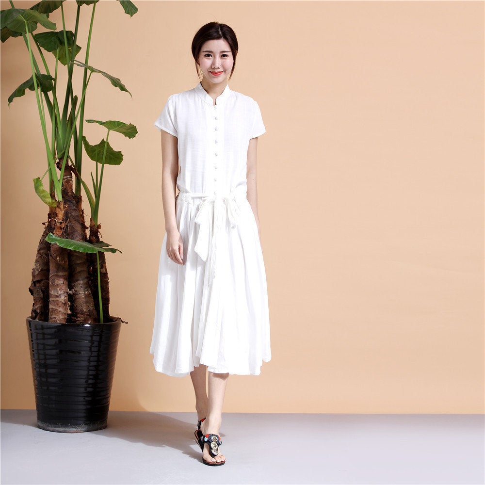 Shirt Dress/ Linen and Cotton Dress/ Summer Linen Dress/ Tea Length Dress/ Casual dress/ Printed Dress/ 2018 Dress