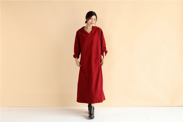 Hoodie dress/ Linen Dress Hoodie/ Autumn Hooded Dresses/ Ankle Length Dress/ Casual dress/ Coat Dress/ Tunic Dress