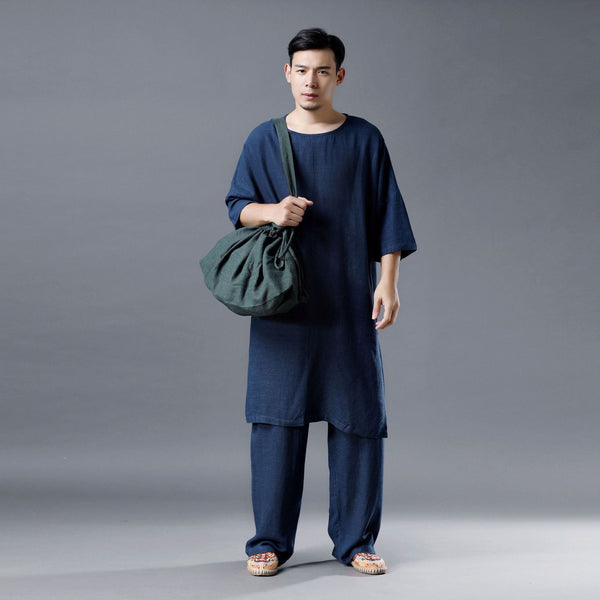 Men Simple Loose Comfort Tunic Style Linen and Cotton Short Sleeve Shirt Tops and Pants Set