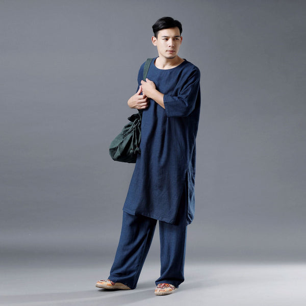 Men Simple Loose Comfort Tunic Style Linen and Cotton Short Sleeve Shirt Tops and Pants Set