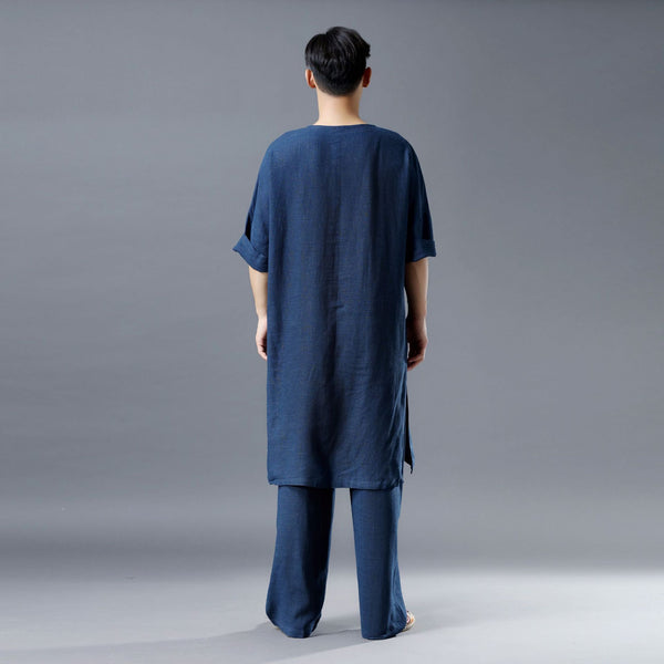 Men Simple Loose Comfort Tunic Style Linen and Cotton Short Sleeve Shirt Tops and Pants Set