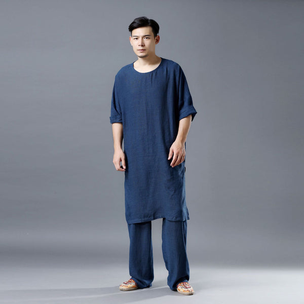 Men Simple Loose Comfort Tunic Style Linen and Cotton Short Sleeve Shirt Tops and Pants Set