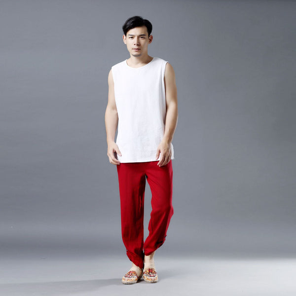 Men Simple Sleeveless Linen and Cotton Tank