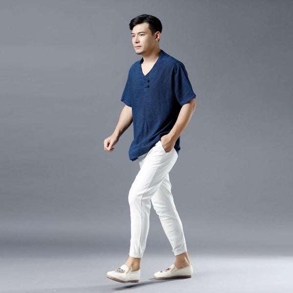 Men Pullover Short Sleeve Linen and Cotton Shirts Tops