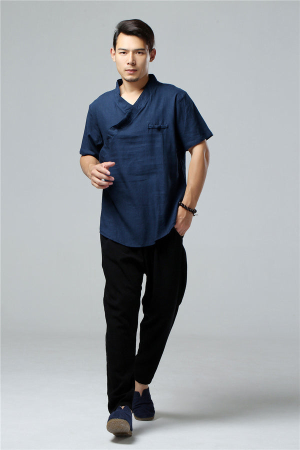 Men Simple Hanfu Style Short Sleeve Linen and Cotton T-shirt Tops