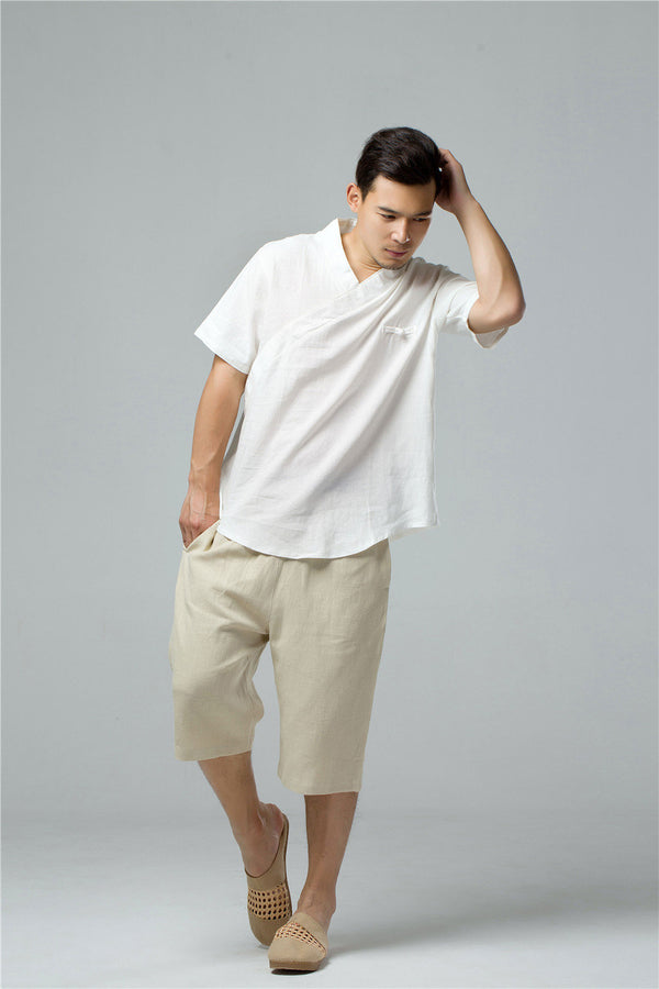 Men Simple Hanfu Style Short Sleeve Linen and Cotton T-shirt Tops