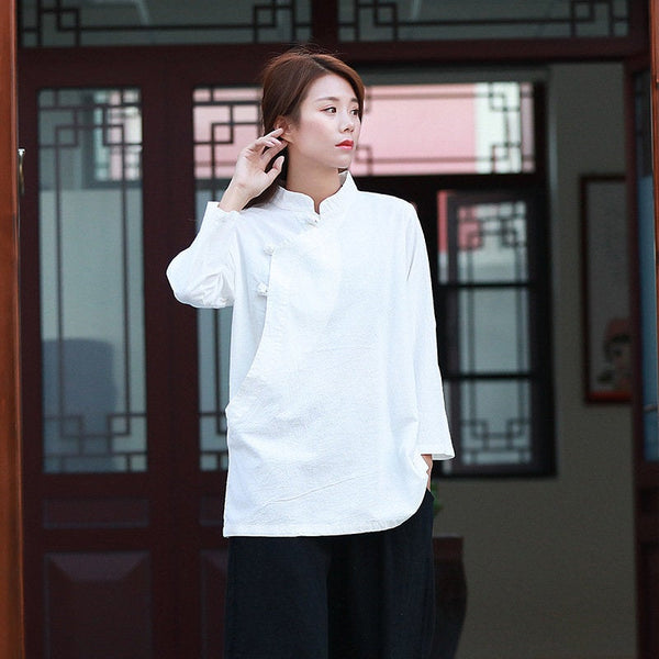 Women White blouse, white linen blouse, linen blouse, loose linen blouse, Zen Blouse, long sleeve blouses, Hangfu, chinese blouse