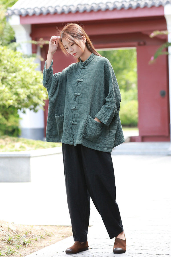 Loose Asian Style Women Linen and Cotton Long Sleeve Cardigan Shirt