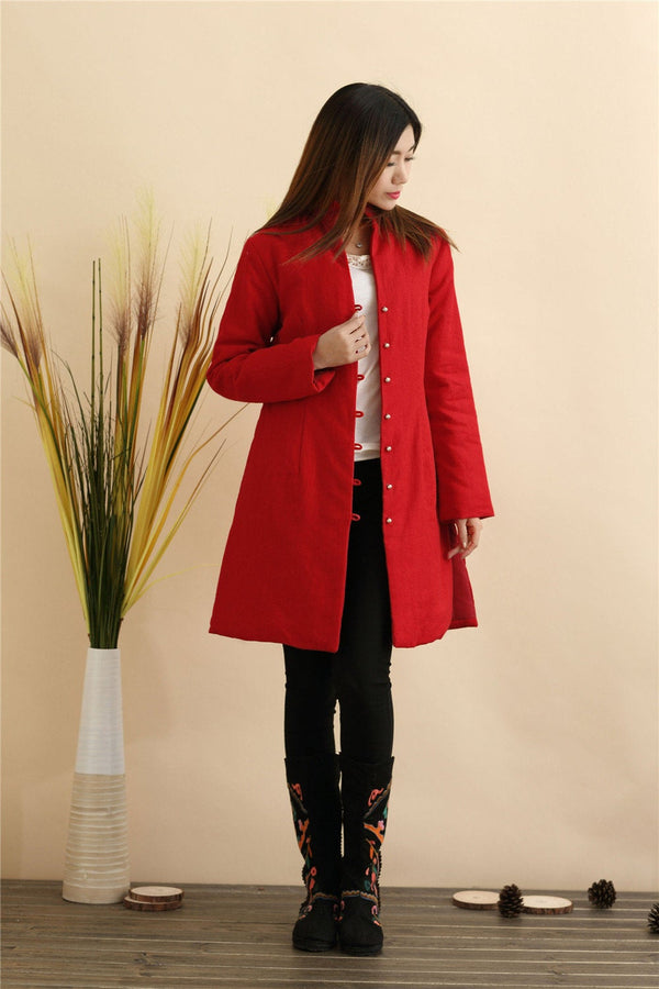 Women Pure Color Linen and Cotton Quilted Coat