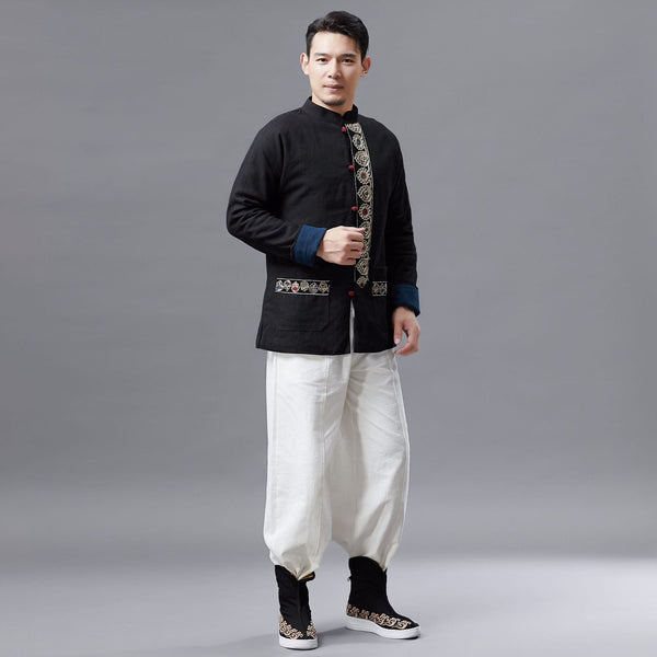 Men Asian Traditional Hanfu Style Men Linen Jacket (inner with velvet)