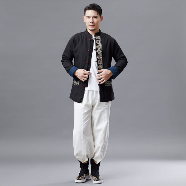 Men Asian Traditional Hanfu Style Men Linen Jacket (inner with velvet)