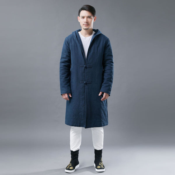 Men Simple Navy Blue Linen and Cotton Quilted Middle Coat Hoodie