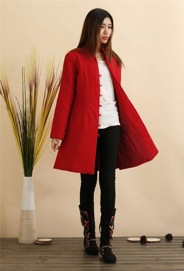 Women Pure Color Linen and Cotton Quilted Coat