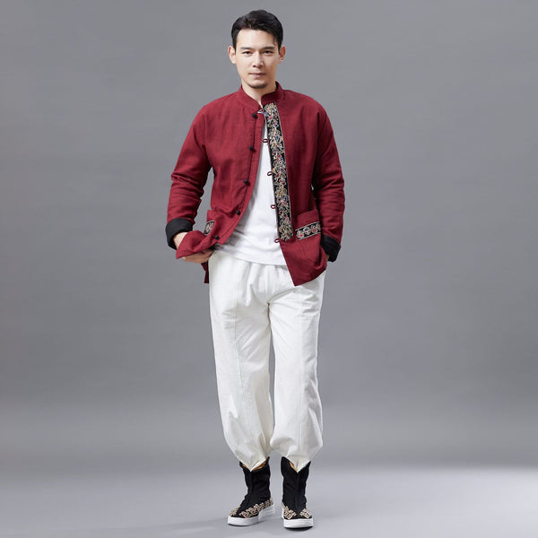 Men Asian Traditional Hanfu Style Men Linen Jacket (inner with velvet)