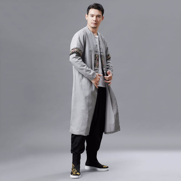 Men Asian Style Double-layered Linen and Cotton Long Coat