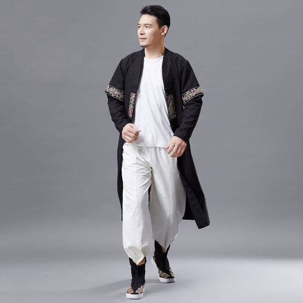 Men Asian Style Double-layered Linen and Cotton Long Coat