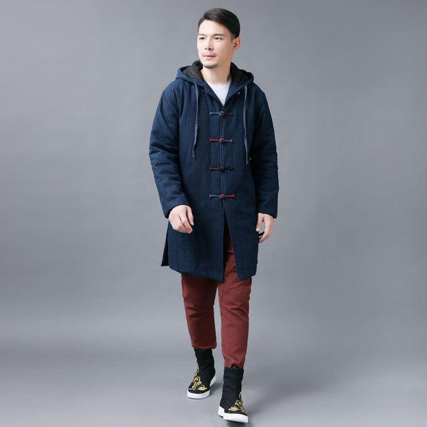 Men Colorful button Linen and Cotton Middle Length Coat Hoodie