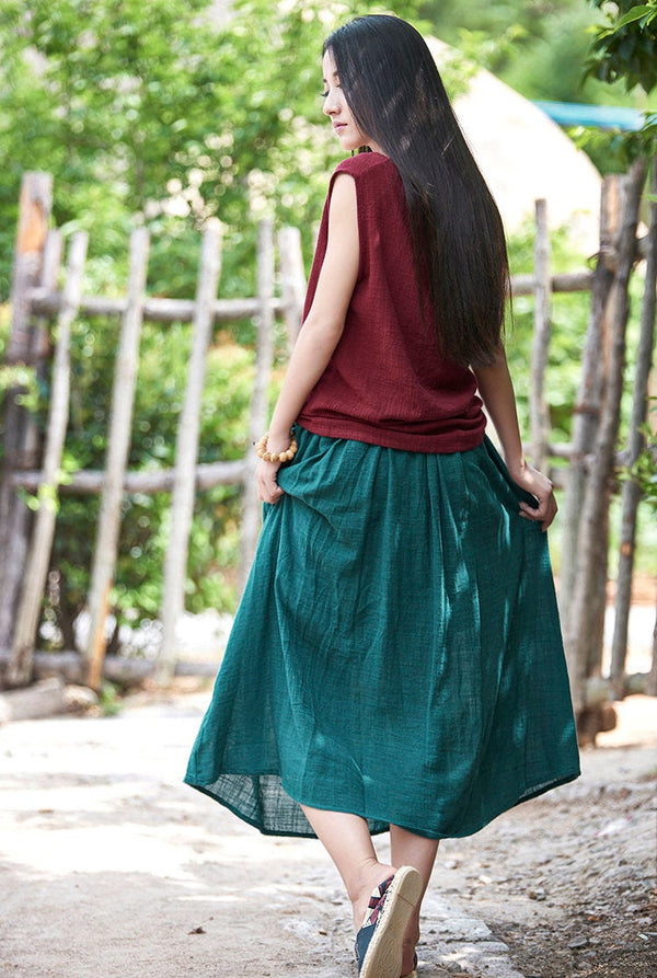 Women Simple Linen and Cotton Maxi Skirt