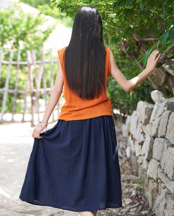 Women Simple Linen and Cotton Maxi Skirt