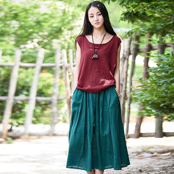 Women Simple Linen and Cotton Maxi Skirt