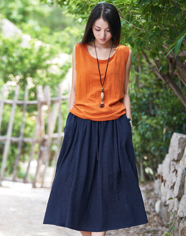 Women Simple Linen and Cotton Maxi Skirt