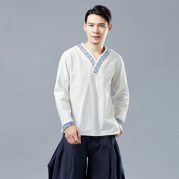 Men Chinese Style V-neck Linen and Cotton Pullover Top