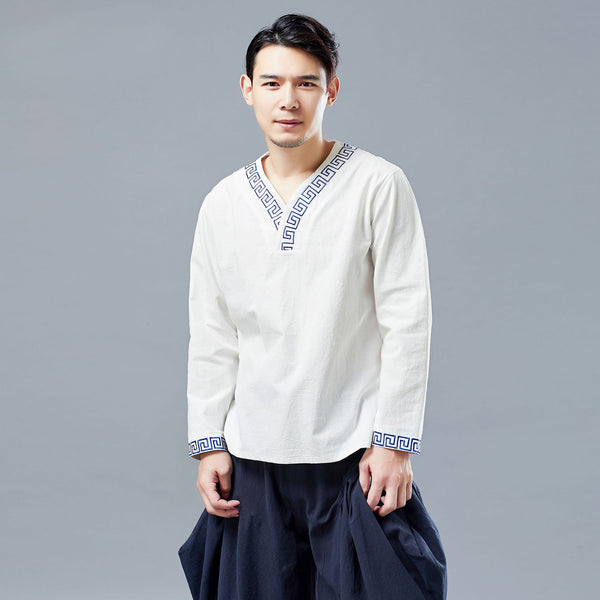 Men Chinese Style V-neck Linen and Cotton Pullover Top