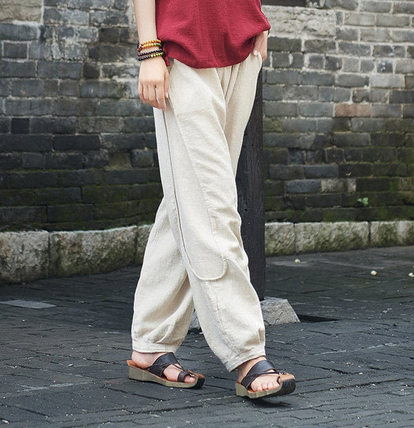 Women Retro Style Water-washed Linen and Cotton Straight Pants