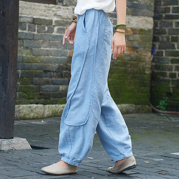Women Retro Style Water-washed Linen and Cotton Straight Pants