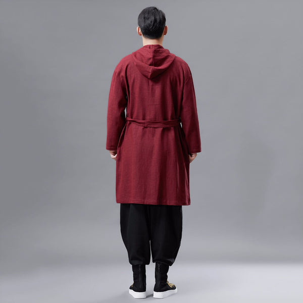 Men Linen and Cotton Middle Length Coat Hoodie