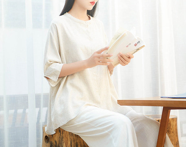 Simple Retro Style Linen and Cotton Pure Color Women Half Sleeve Linen Cardigan Blouses