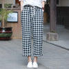 Women Linen and Cotton Casual Cropped Loose Plaid Small Leg Pants