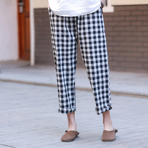 Women Linen and Cotton Casual Cropped Loose Plaid Small Leg Pants