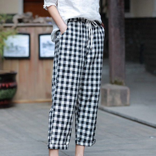 Women Linen and Cotton Casual Cropped Loose Plaid Small Leg Pants