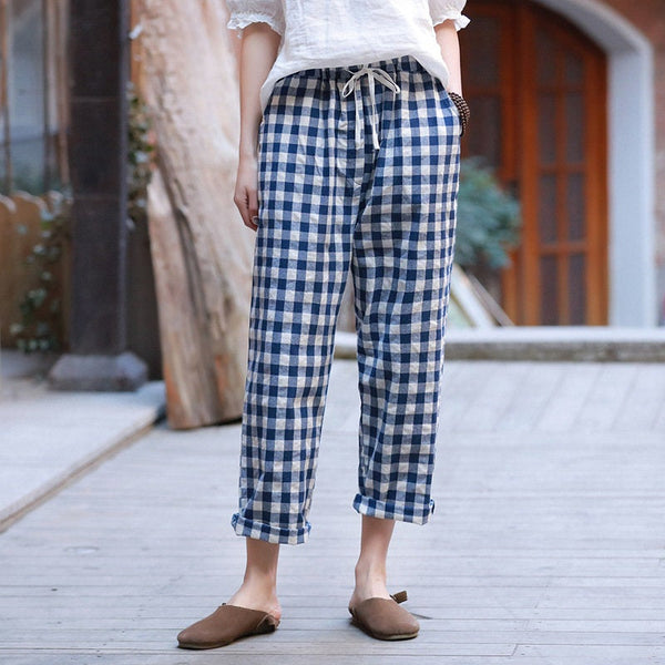 Women Linen and Cotton Casual Cropped Loose Plaid Small Leg Pants