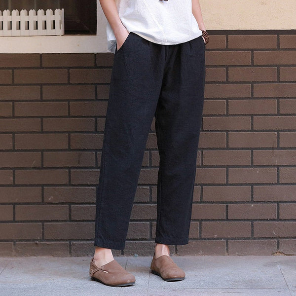 Women Water-washed Linen and Cotton Casual Cropped Pants