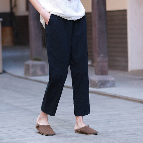 Women Water-washed Linen and Cotton Casual Straight Cropped Pants