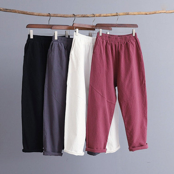 Women Water-washed Linen and Cotton Casual Straight Cropped Pants