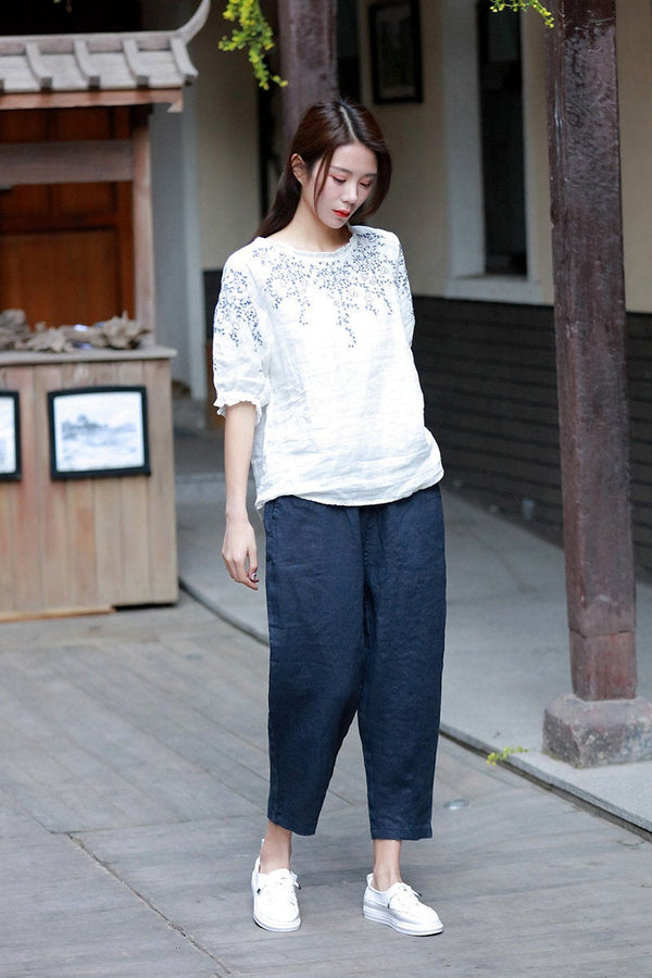 Women Linen and Cotton Casual Pure Color Cropped Peg-top Pants