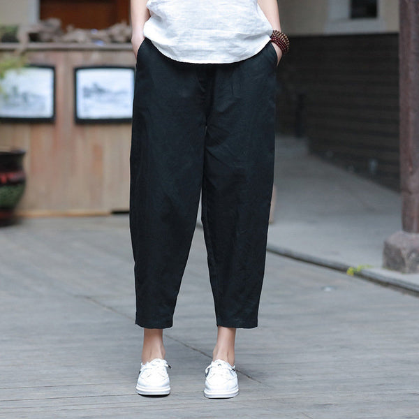 Women Linen and Cotton Casual Pure Color Cropped Peg-top Pants