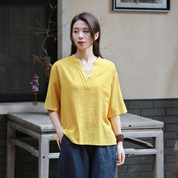 Simple Pure Color Retro Style Women Half Sleeve Linen and Cotton V Neckline T-shirt