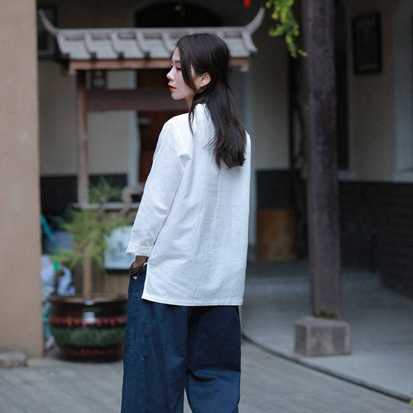 Pure Color Asian Style Women Long Sleeve Linen Blouses