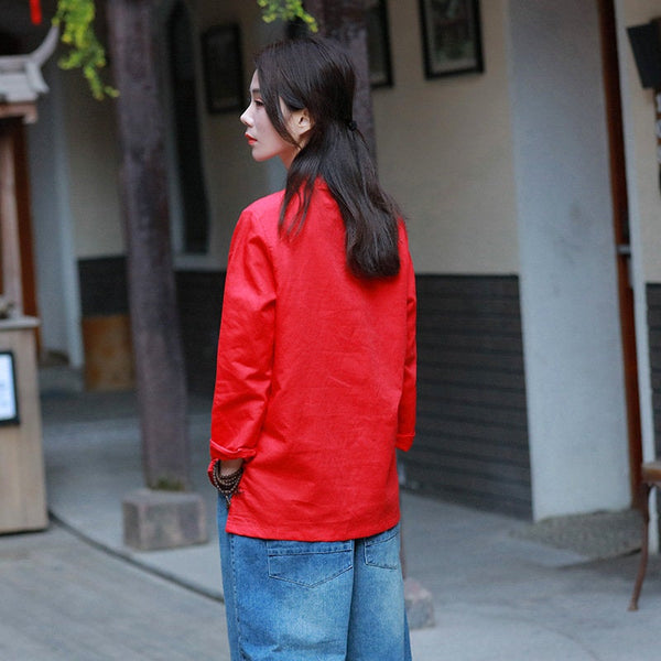 Pure Color Asian Style Women Long Sleeve Linen Blouses