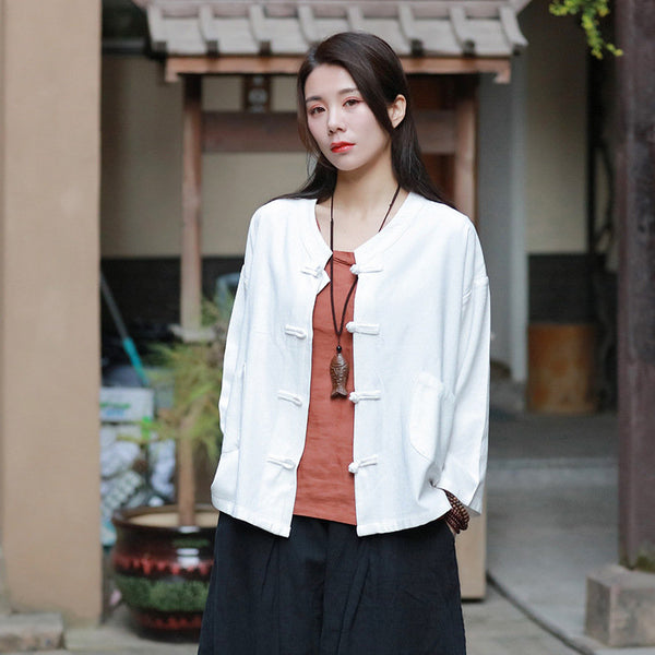 Pure Color New Asian Style Women Long Sleeve Linen Cropped Cardigan Blouses