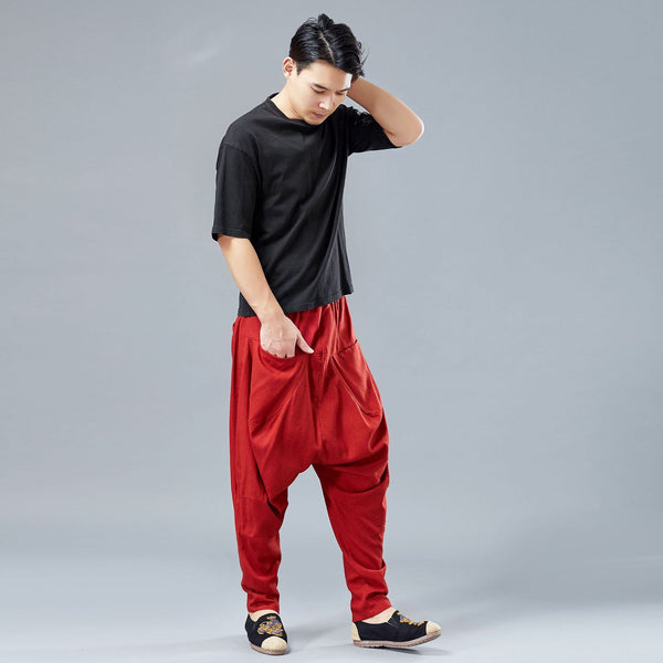 Men Casual Front and Back Pockets New Style Linen Crotch Dancing Pants