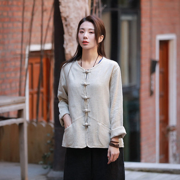 Pure Color Asian Style Women Long Sleeve Linen Cropped Cardigan Blouses