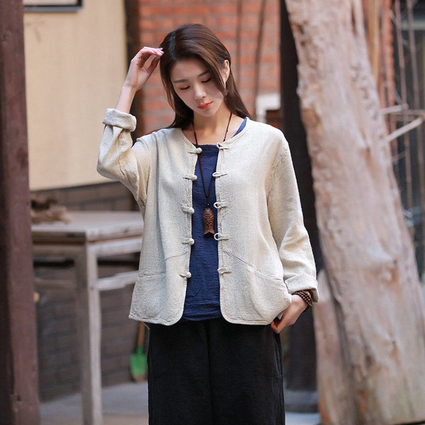 Pure Color Asian Style Women Long Sleeve Linen Cropped Cardigan Blouses