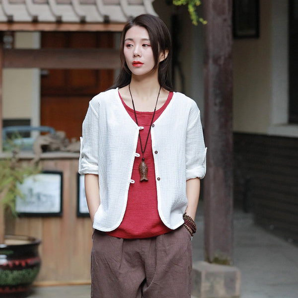 Asian Style Women Long Sleeve Linen and Cotton Cropped Cardigan Blouses