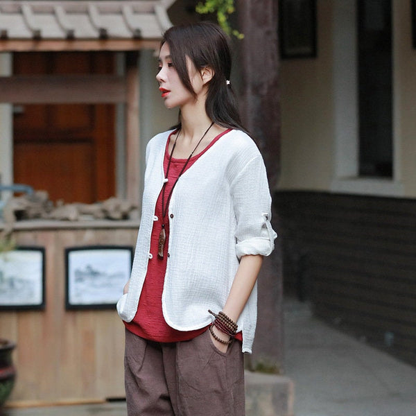 Asian Style Women Long Sleeve Linen and Cotton Cropped Cardigan Blouses